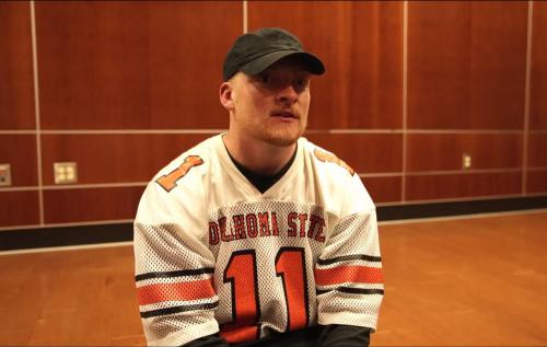 Alan Bowman paid tribute to former OSU All-America wide receiver Hart Lee Dykes with his postgame jersey selection on Oct. 28 following a 45-13 win over Cincinnati. (OSU Athletics)
